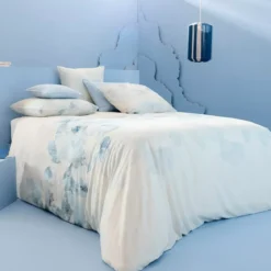 Housse de couette lin & coton lavé 130 g/m² imprimé bleu beige Vagues indigo