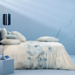 Housse de couette lin & coton lavé 130 g/m² imprimé bleu beige Vagues indigo