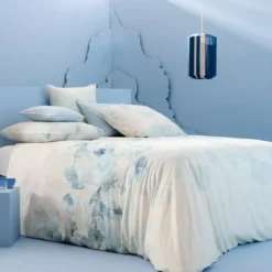 Housse de couette lin & coton lavé 130 g/m² imprimé bleu beige Vagues indigo