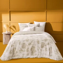 Housse de couette percale de coton imprimé beige Poesie naturel