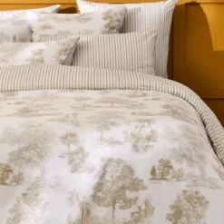 Housse de couette percale de coton imprimé beige Poesie naturel
