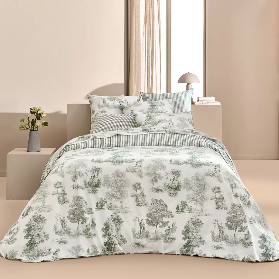 Housse de couette percale de coton imprimé vert Poesie verde