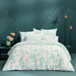 Housse de couette percale de coton imprimé bleu Poesie aqua