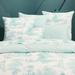 Housse de couette percale de coton imprimé bleu Poesie aqua
