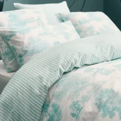 Housse de couette percale de coton imprimé bleu Poesie aqua