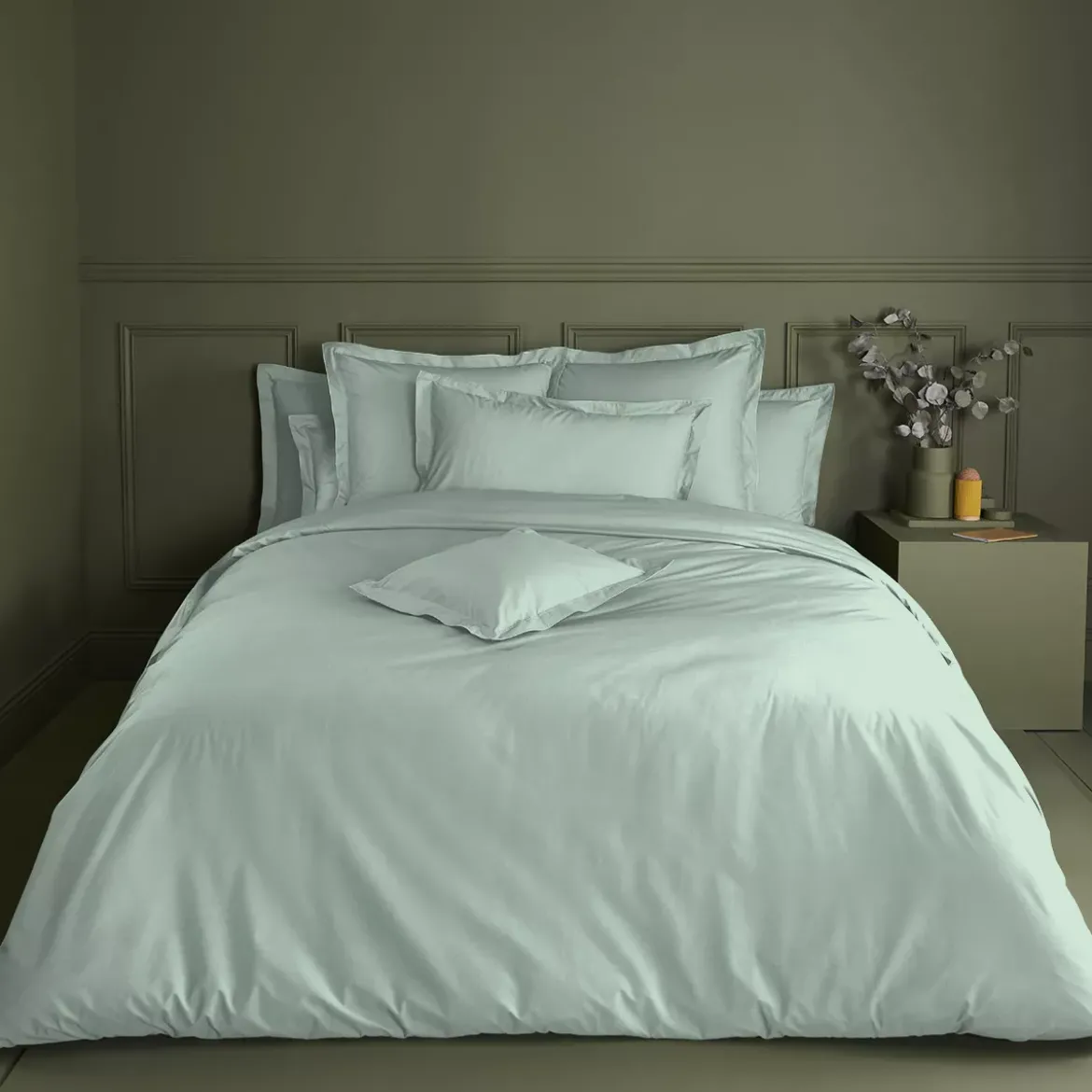 Housse de couette percale de coton uni bleu vert La percale francaise givre