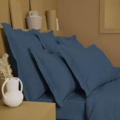Housse de couette percale de coton uni bleu La percale francaise ocean