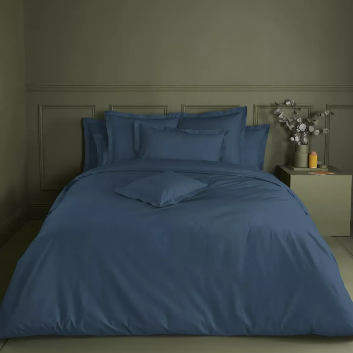 Housse de couette percale de coton uni bleu La percale francaise ocean