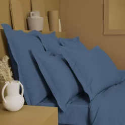 Housse de couette percale de coton uni bleu Giulia denim