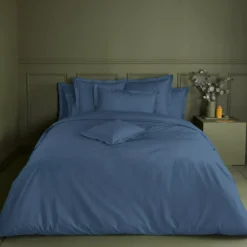 Housse de couette percale de coton uni bleu Giulia denim
