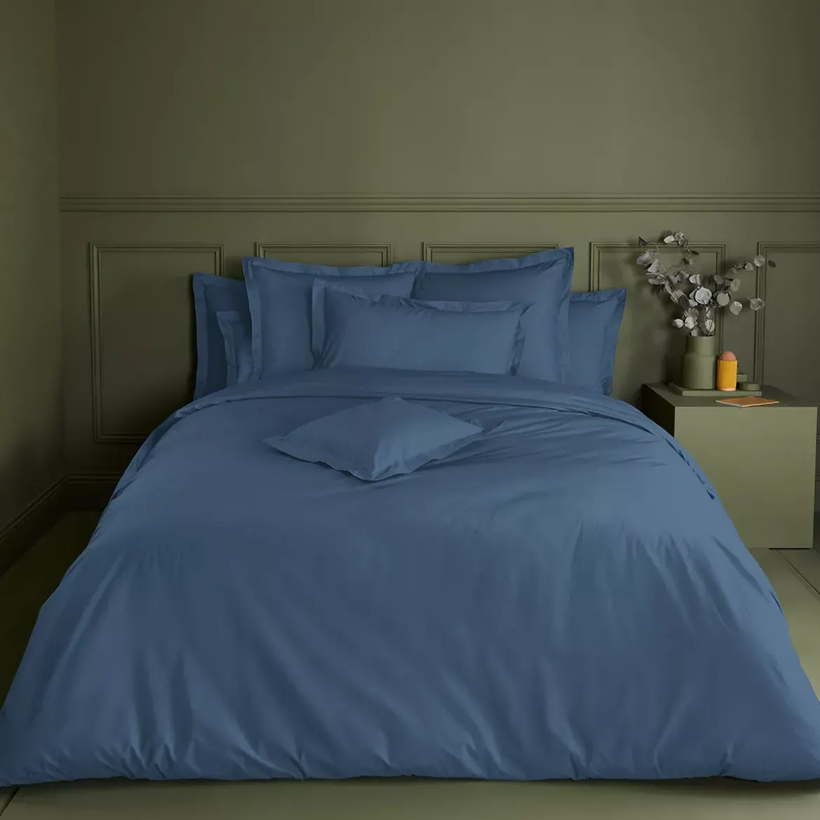 Housse de couette percale de coton uni bleu Giulia denim