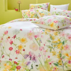 Housse de couette percale de coton lavé 115 g/m² imprimé rose vert Souffle fleuri printemps