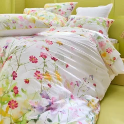 Housse de couette percale de coton lavé 115 g/m² imprimé rose vert Souffle fleuri printemps