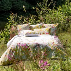 Housse de couette percale de coton lavé 115 g/m² imprimé rose vert Souffle fleuri printemps