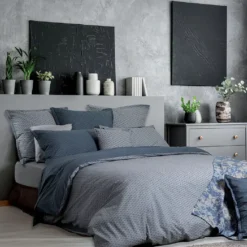 Housse de couette percale de coton imprimé bleu gris Osaka givre