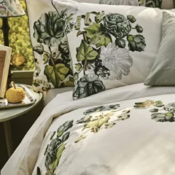 Housse de couette percale de coton lavé imprimé vert ecru Giardino naturel