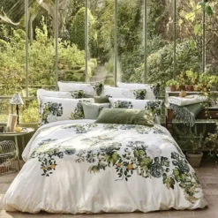 Housse de couette percale de coton lavé imprimé vert ecru Giardino naturel