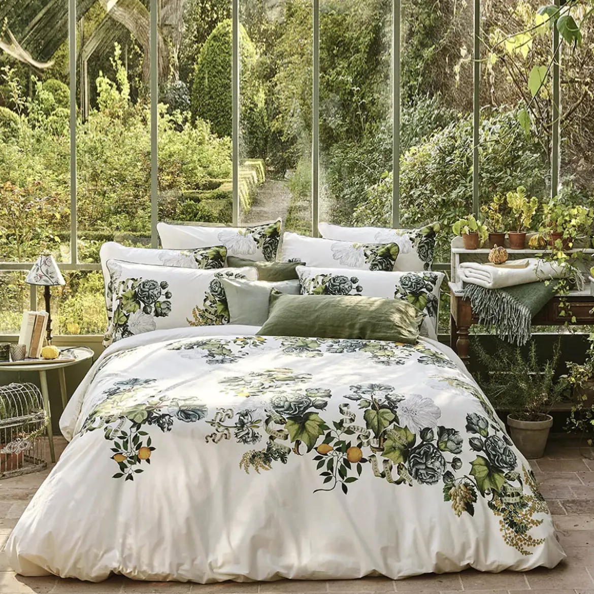 Housse de couette percale de coton lavé imprimé vert ecru Giardino naturel