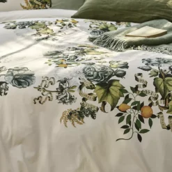 Housse de couette percale de coton lavé imprimé vert ecru Giardino naturel