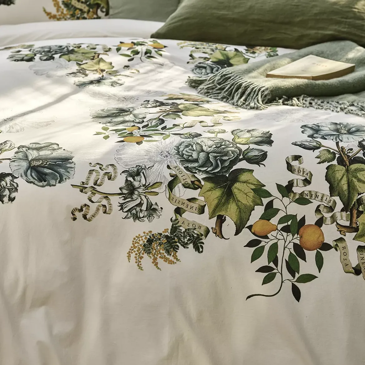Housse de couette percale de coton lavé imprimé vert ecru Giardino naturel