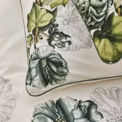 Housse de couette percale de coton lavé imprimé vert ecru Giardino naturel