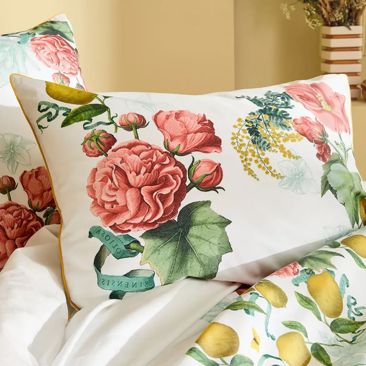 Housse de couette percale de coton lavé imprimé rose jaune Citrons de menton romance