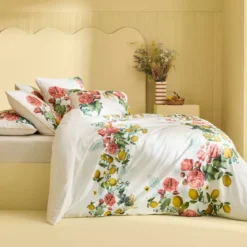 Housse de couette percale de coton lavé imprimé rose jaune Citrons de menton romance