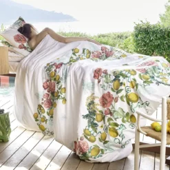 Housse de couette percale de coton lavé imprimé rose jaune Citrons de menton romance