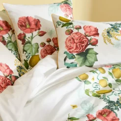 Housse de couette percale de coton lavé imprimé rose jaune Citrons de menton romance