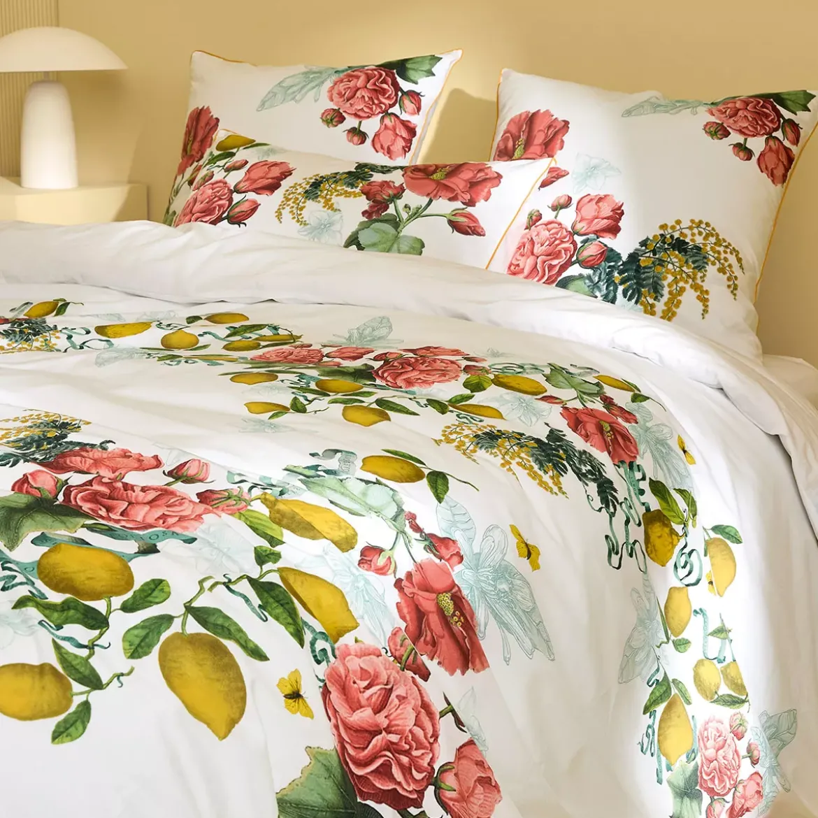 Housse de couette percale de coton lavé imprimé rose jaune Citrons de menton romance