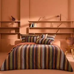 Housse de couette pur coton 200 g/m² rayé orange brun Wilson brown