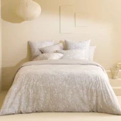 Housse de couette pur coton lavé imprimé beige Souffle de ginkos naturel