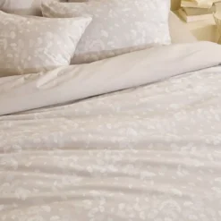 Housse de couette pur coton lavé imprimé beige Souffle de ginkos naturel