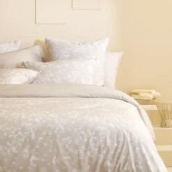 Housse de couette pur coton lavé imprimé beige Souffle de ginkos naturel