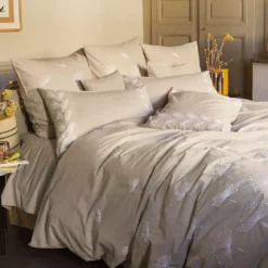 Housse de couette pur coton lavé tissé teint brodé beige Brise d'ete naturel