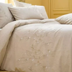 Housse de couette pur coton lavé tissé teint brodé beige Monnaie du pape naturel