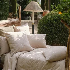 Housse de couette pur coton lavé tissé teint brodé beige Monnaie du pape naturel