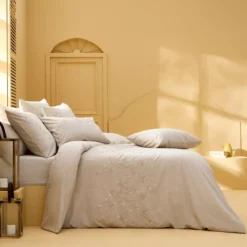 Housse de couette pur coton lavé tissé teint brodé beige Monnaie du pape naturel