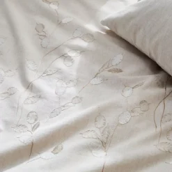 Housse de couette pur coton lavé tissé teint brodé beige Monnaie du pape naturel