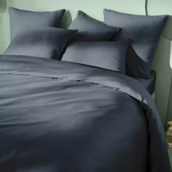 Housse de couette satin de coton motif jacquard bleu Vibrato bleu nuit