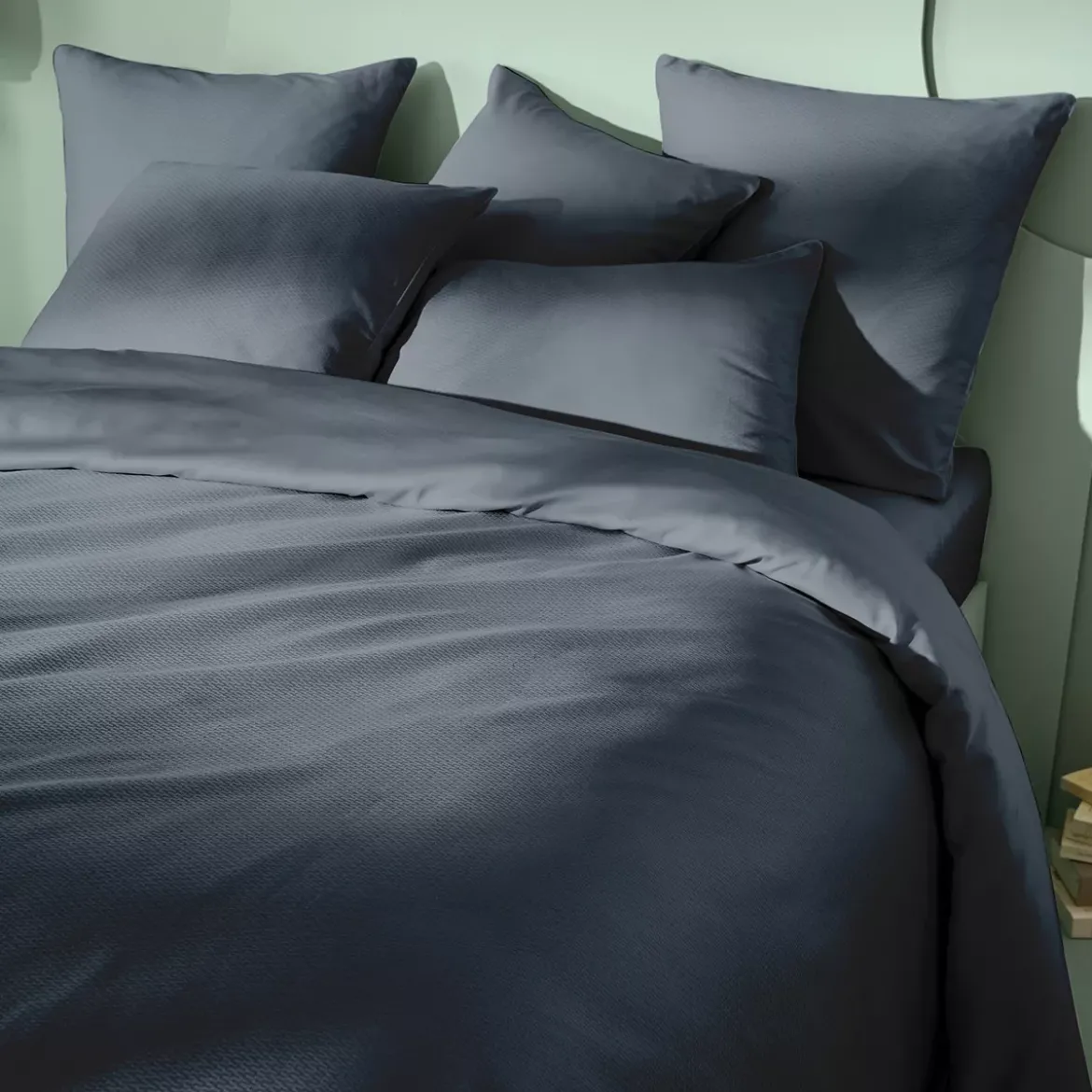 Housse de couette satin de coton motif jacquard bleu Vibrato bleu nuit