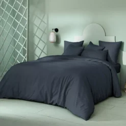 Housse de couette satin de coton motif jacquard bleu Vibrato bleu nuit