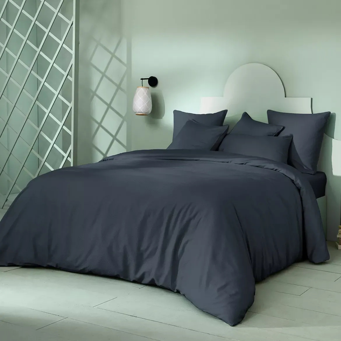Housse de couette satin de coton motif jacquard bleu Vibrato bleu nuit