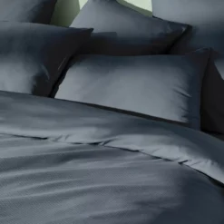 Housse de couette satin de coton motif jacquard bleu Vibrato bleu nuit