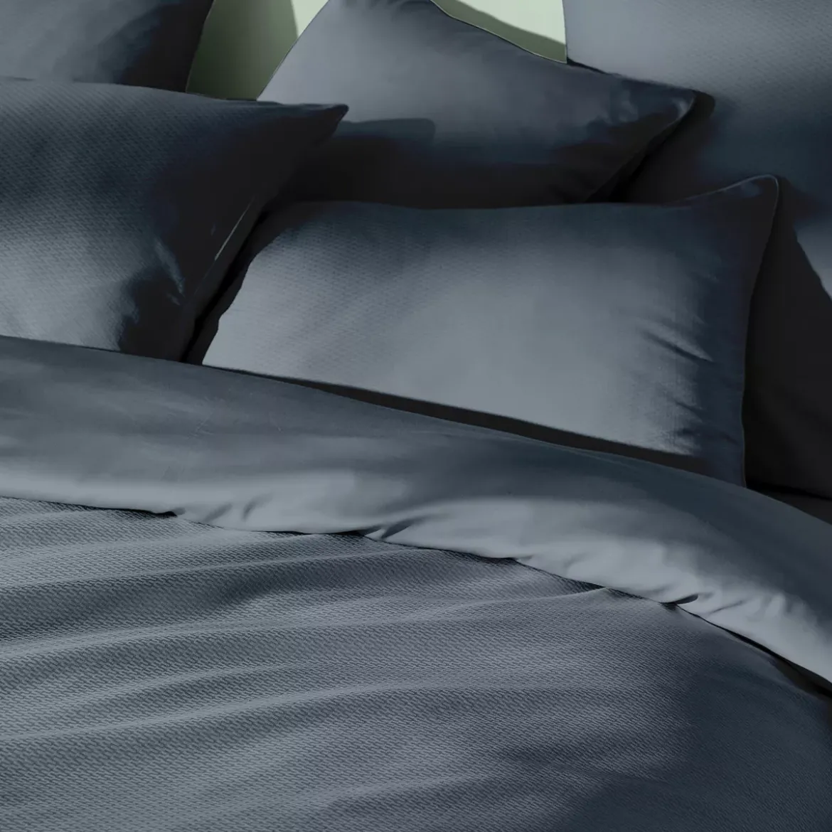 Housse de couette satin de coton motif jacquard bleu Vibrato bleu nuit