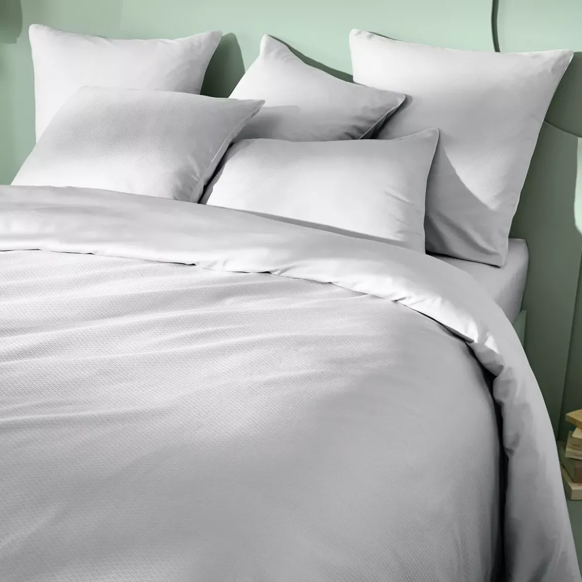 Housse de couette satin de coton motif jacquard gris Vibrato glacier