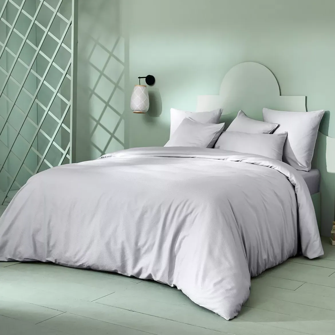 Housse de couette satin de coton motif jacquard gris Vibrato glacier