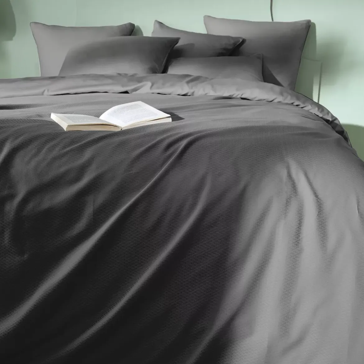 Housse de couette satin de coton motif jacquard anthracite Vibrato metal