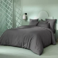 Housse de couette satin de coton motif jacquard anthracite Vibrato metal
