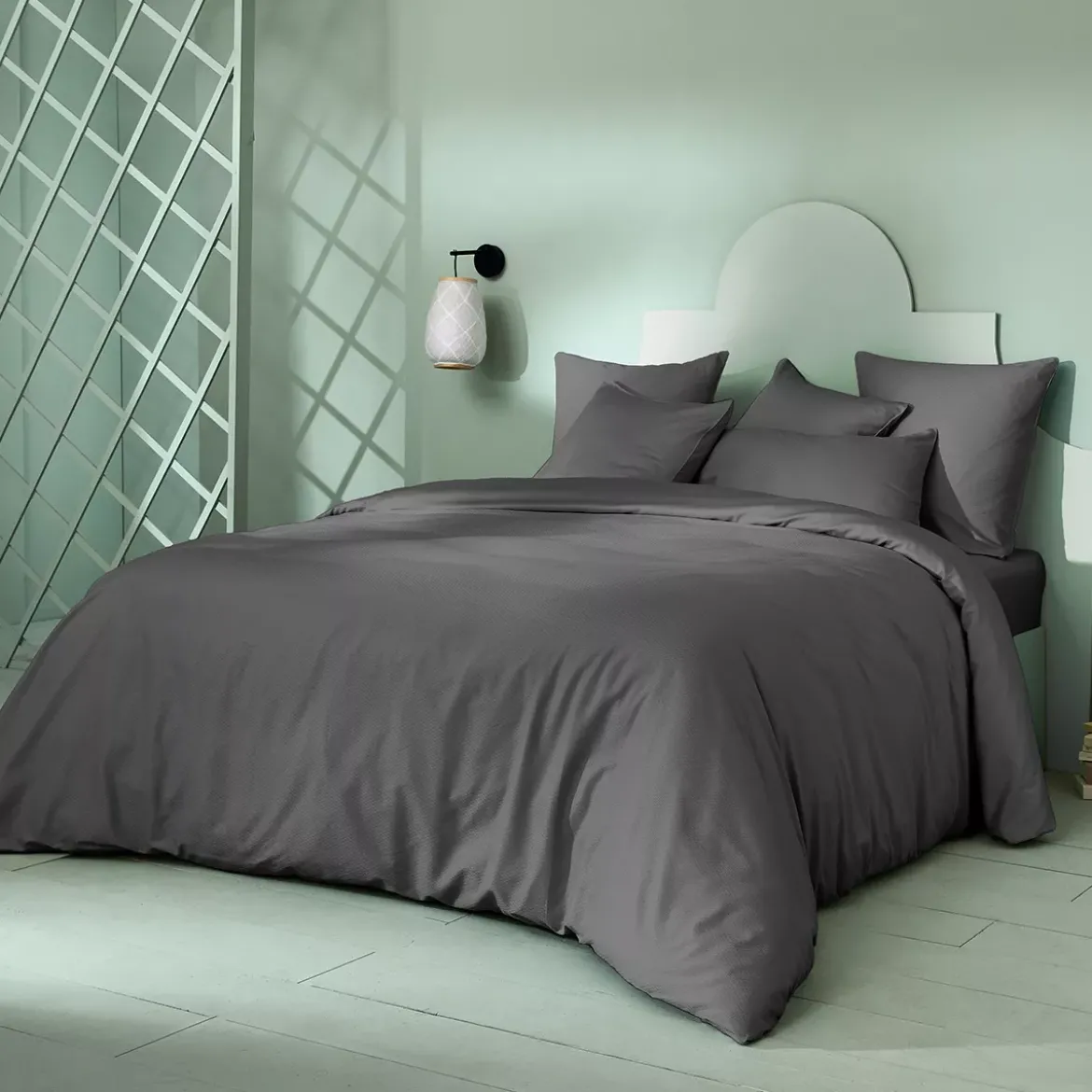 Housse de couette satin de coton motif jacquard anthracite Vibrato metal
